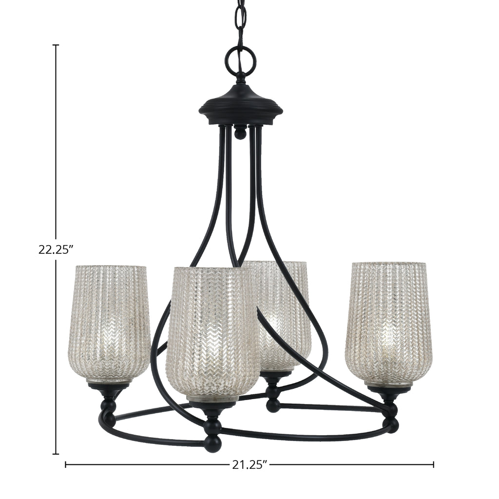 Capri Four Light Chandelier in Matte Black with 5" Silver Textured Shade