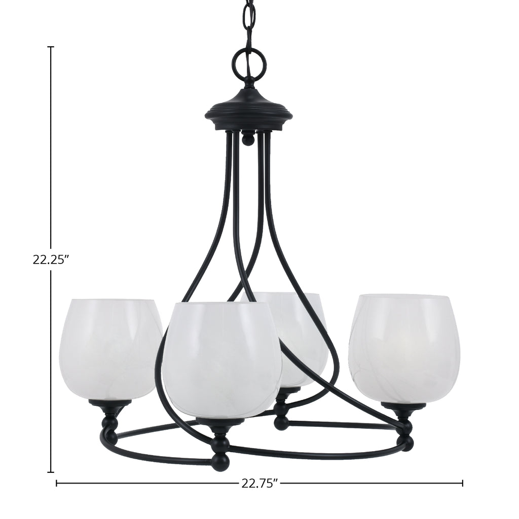 Capri Four Light Chandelier in Matte Black with 6" White Marble Shade