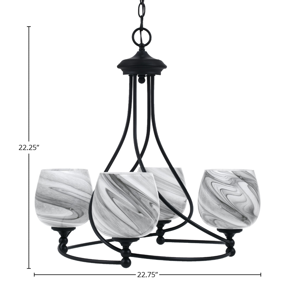 Capri Four Light Chandelier in Matte Black with 6" Onyx Swirl Shade
