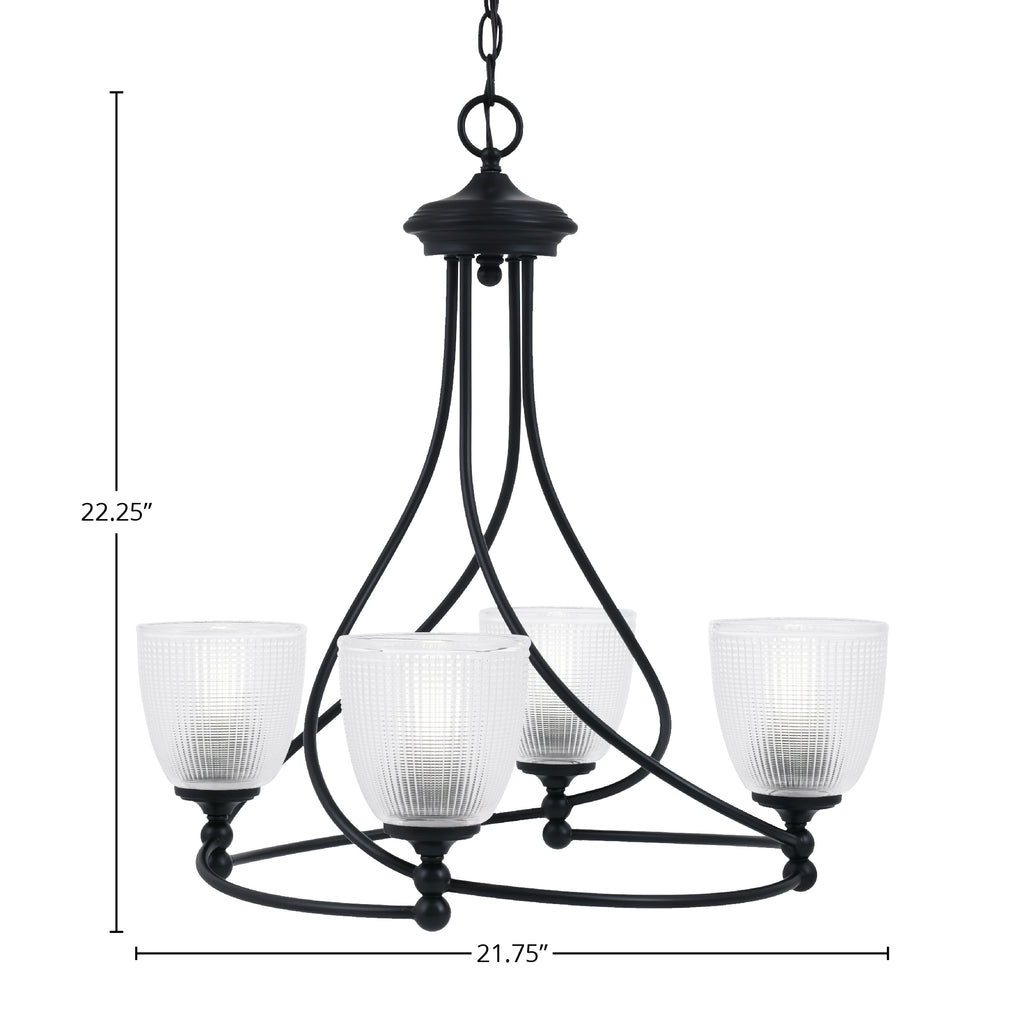 Capri Four Light Chandelier in Matte Black with 5" Clear Ribbed Shade