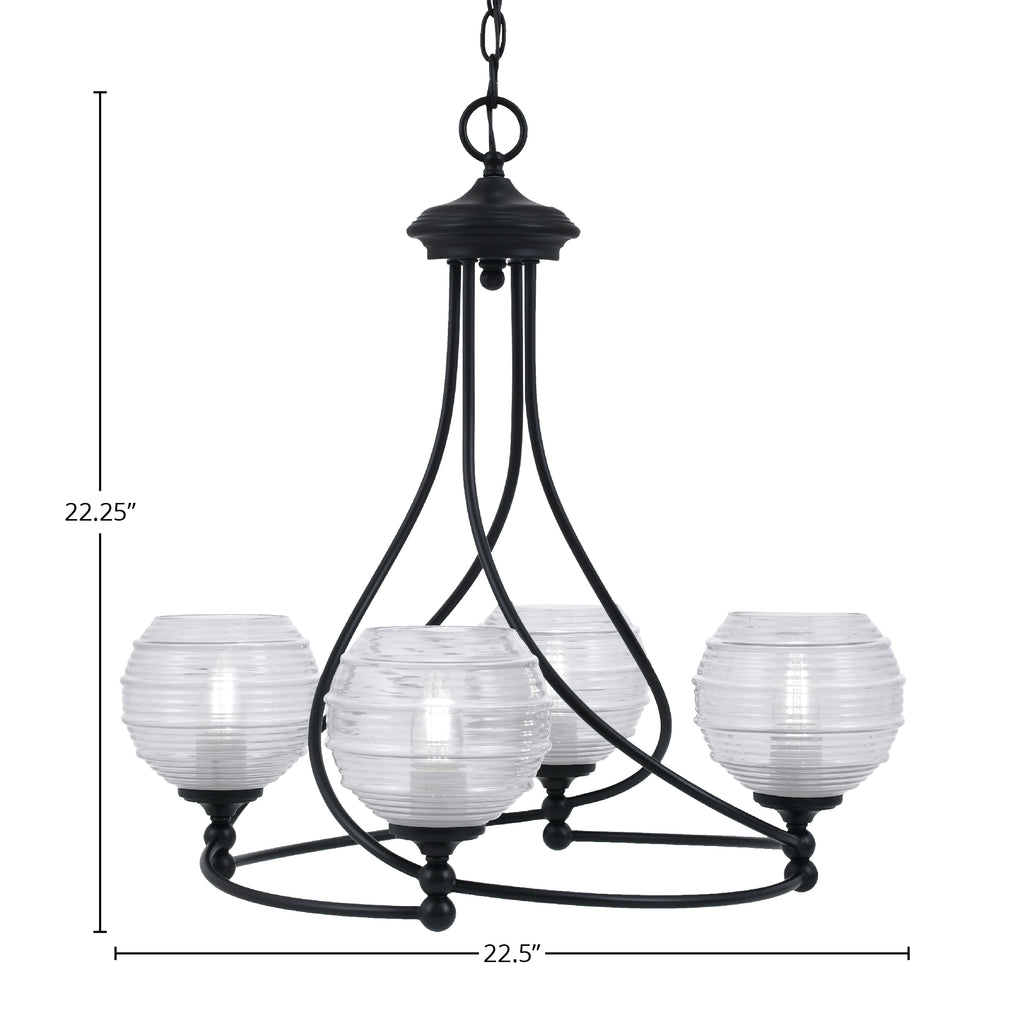 Capri Four Light Chandelier in Matte Black with 6" Clear Ribbed Shade
