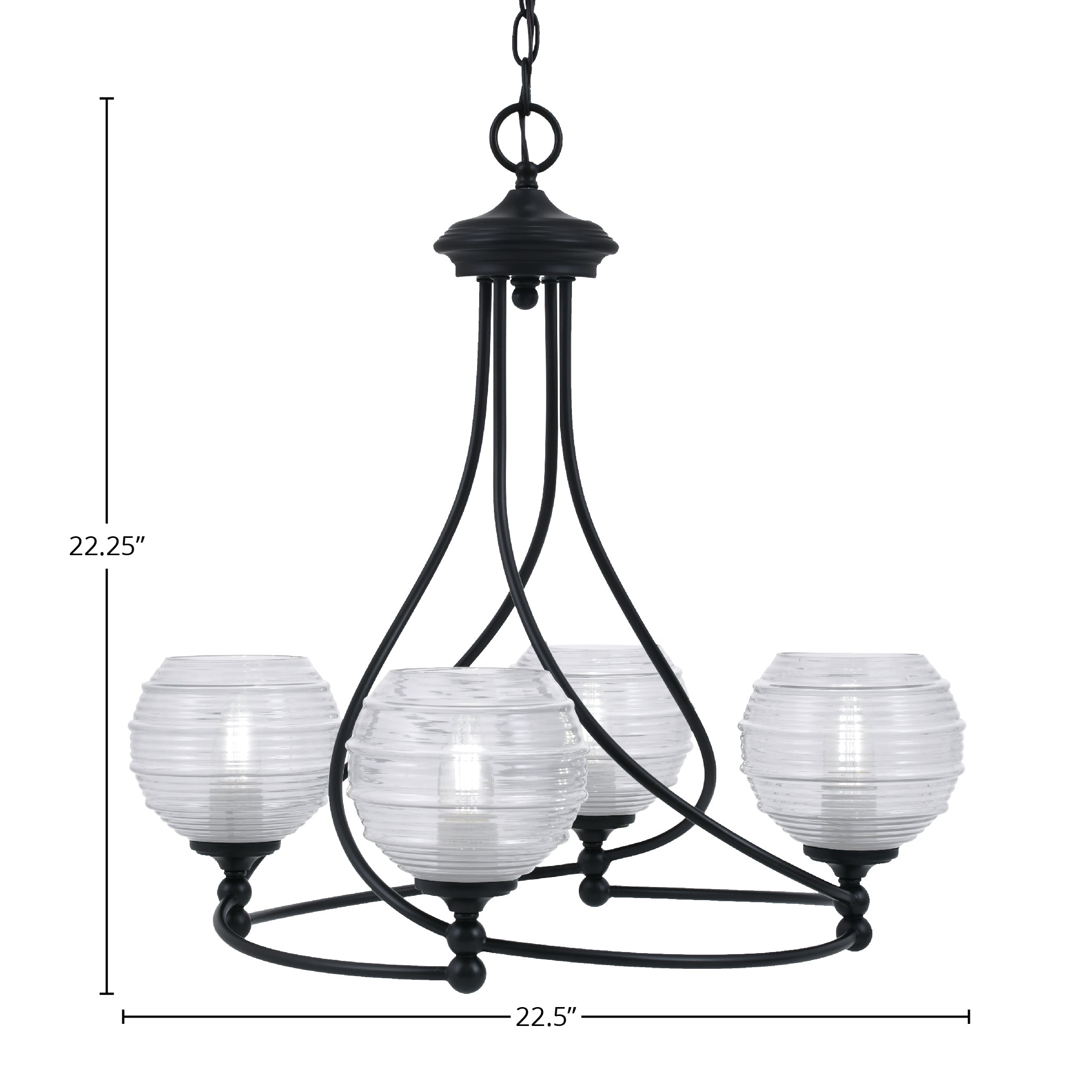Capri Four Light Chandelier in Matte Black with 6" Clear Ribbed Shade