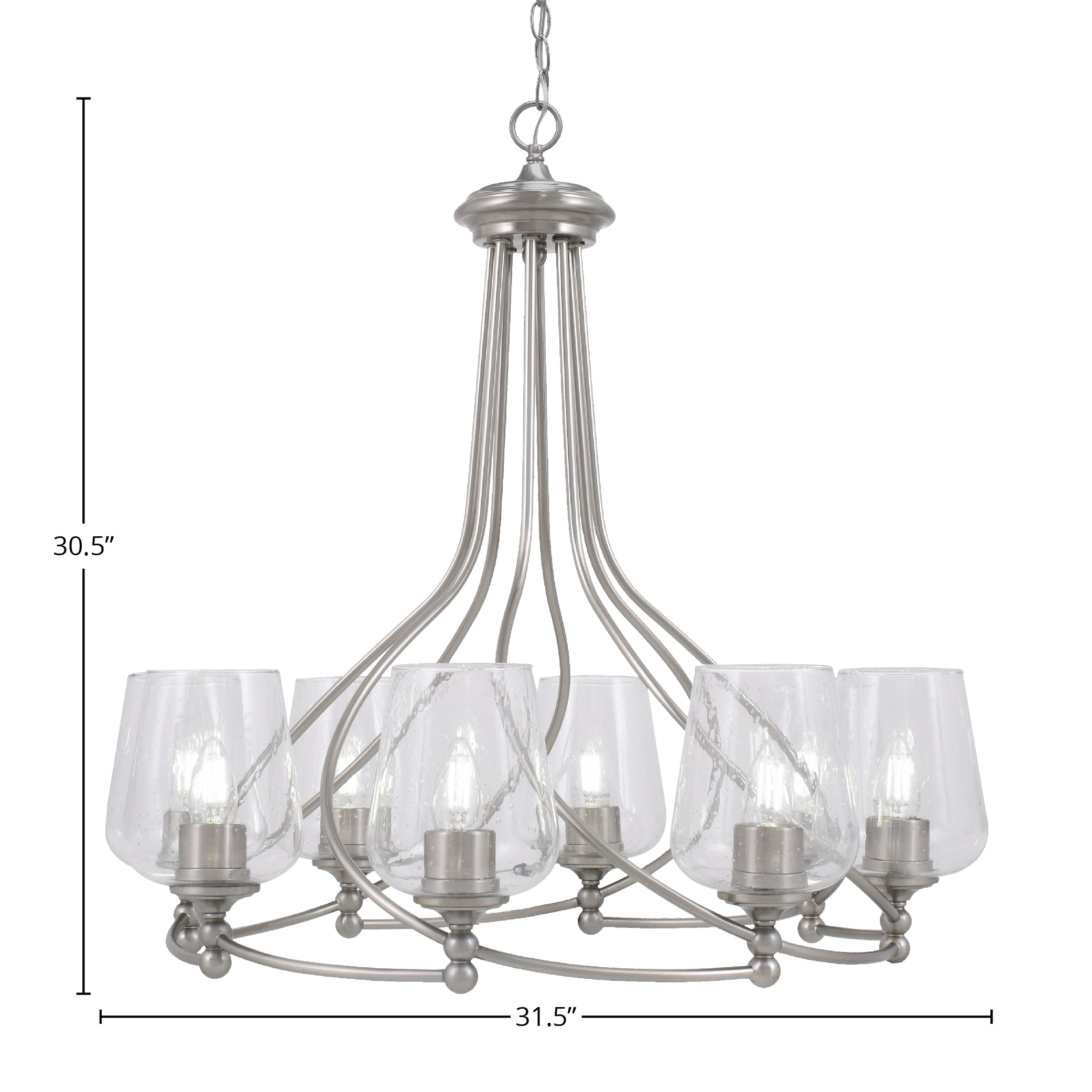 Capri Eight Light Chandelier in Brushed Nickel with 5" Clear Bubble Shade