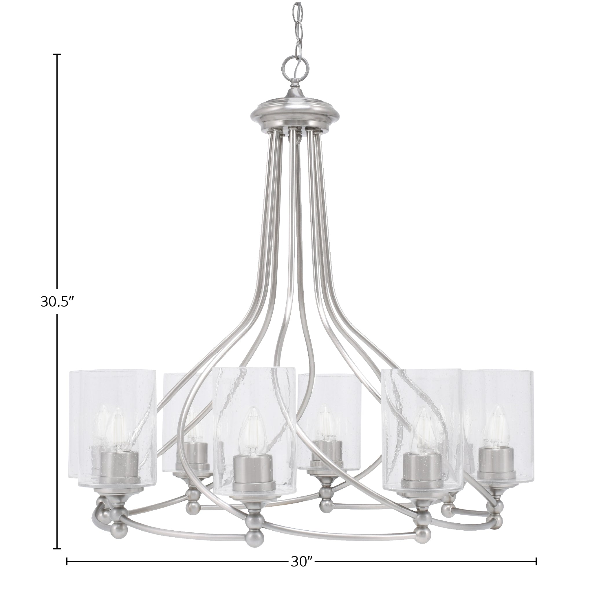 Capri Eight Light Chandelier in Brushed Nickel with 4" Clear Bubble Shade
