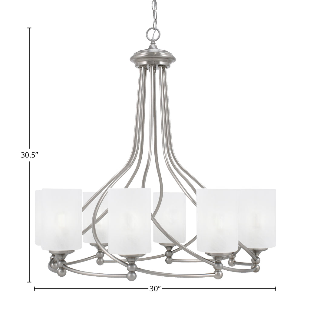Capri Eight Light Chandelier in Brushed Nickel with 4" White Marble Shade