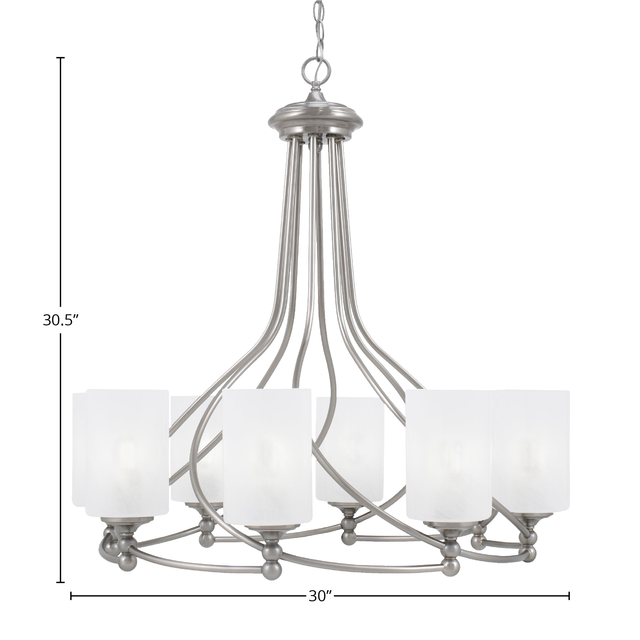 Capri Eight Light Chandelier in Brushed Nickel with 4" White Marble Shade