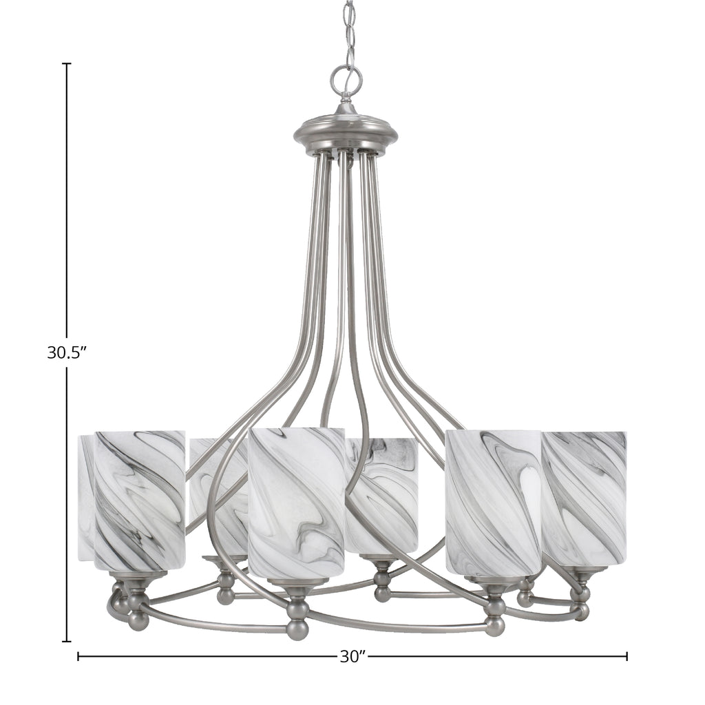 Capri Eight Light Chandelier in Brushed Nickel with 4" Onyx Swirl Shade