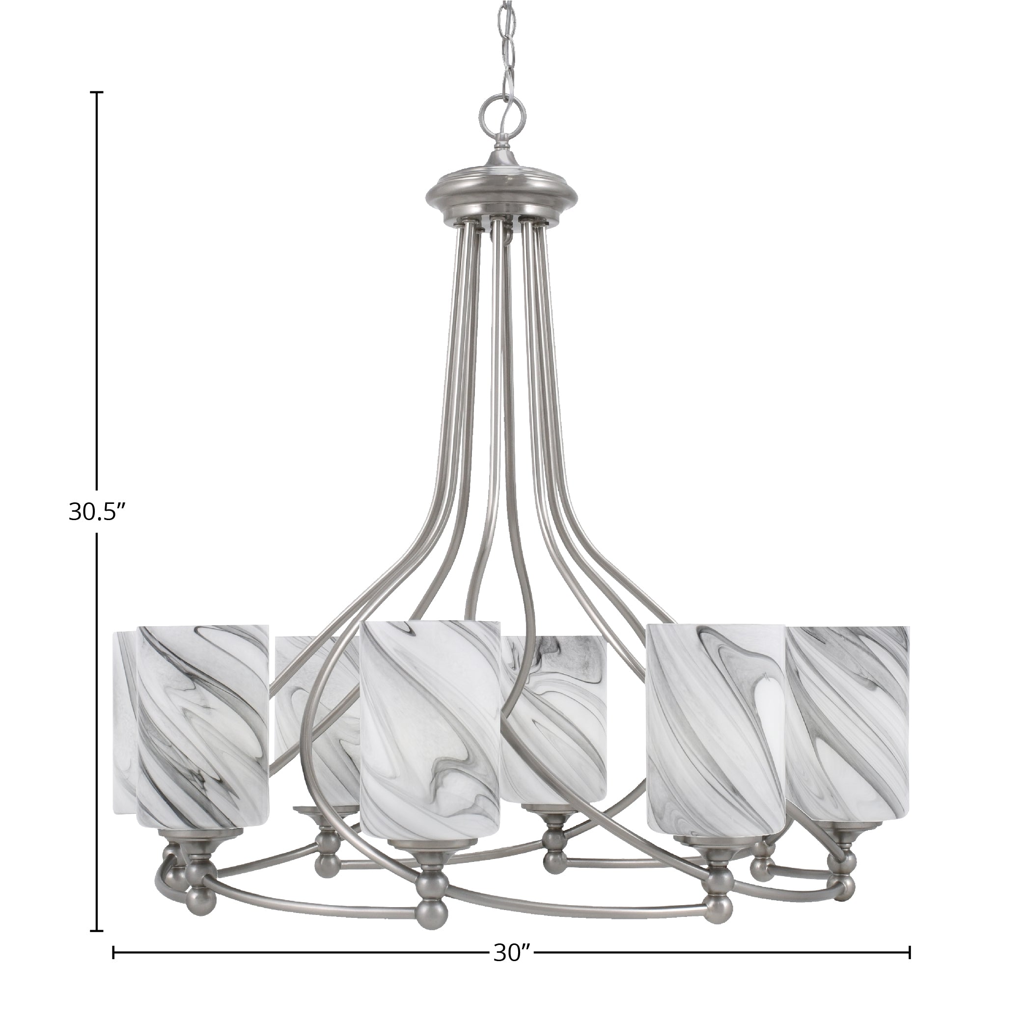 Capri Eight Light Chandelier in Brushed Nickel with 4" Onyx Swirl Shade