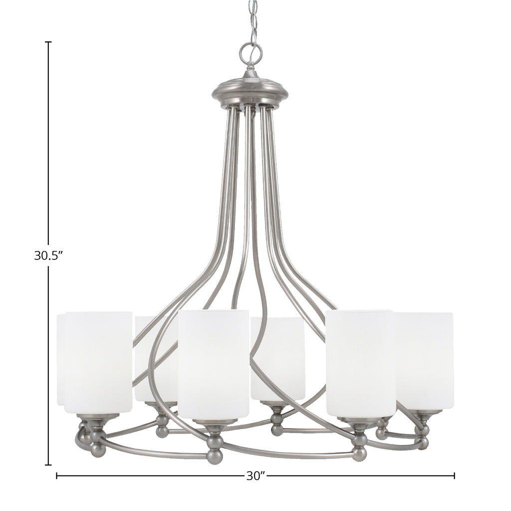 Capri Eight Light Chandelier in Brushed Nickel with 4" White Muslin Shade