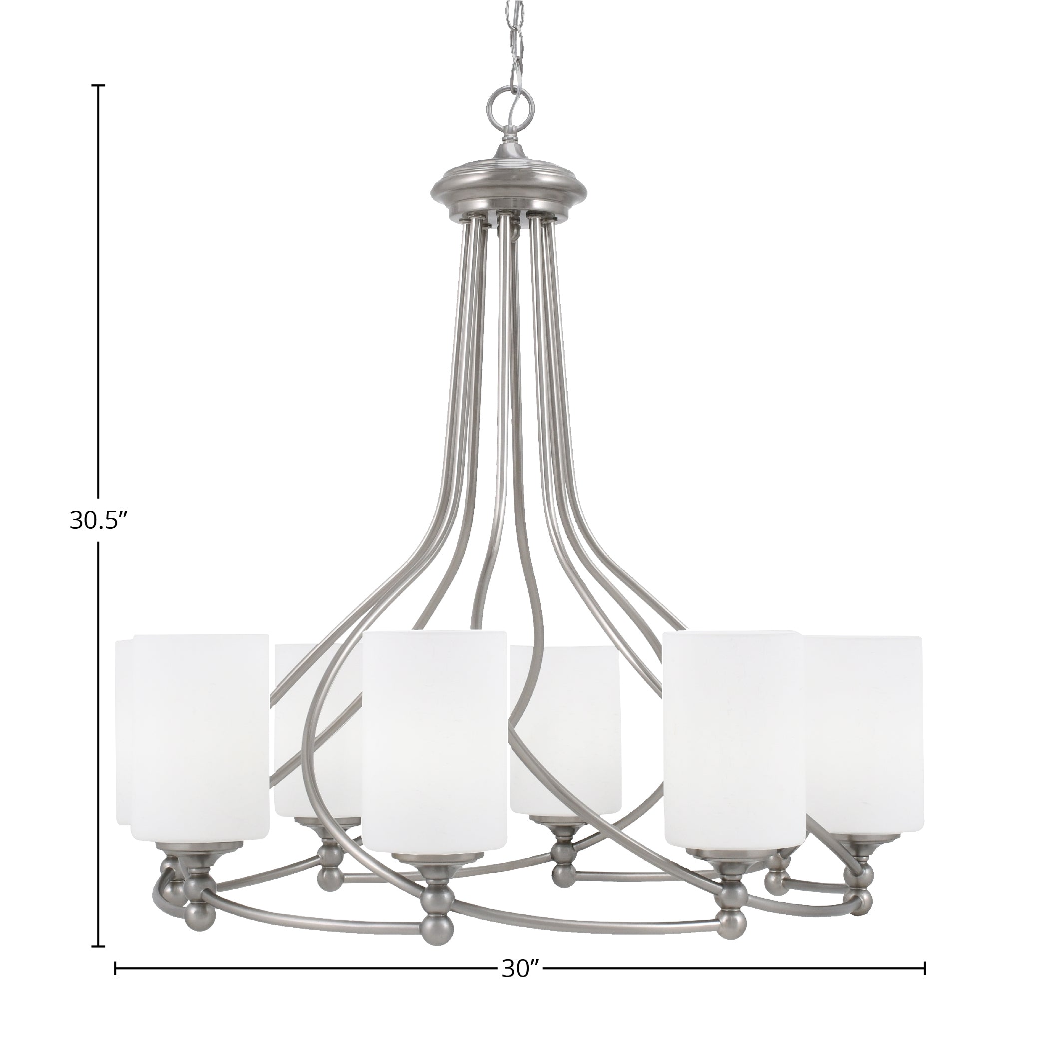 Capri Eight Light Chandelier in Brushed Nickel with 4" White Muslin Shade