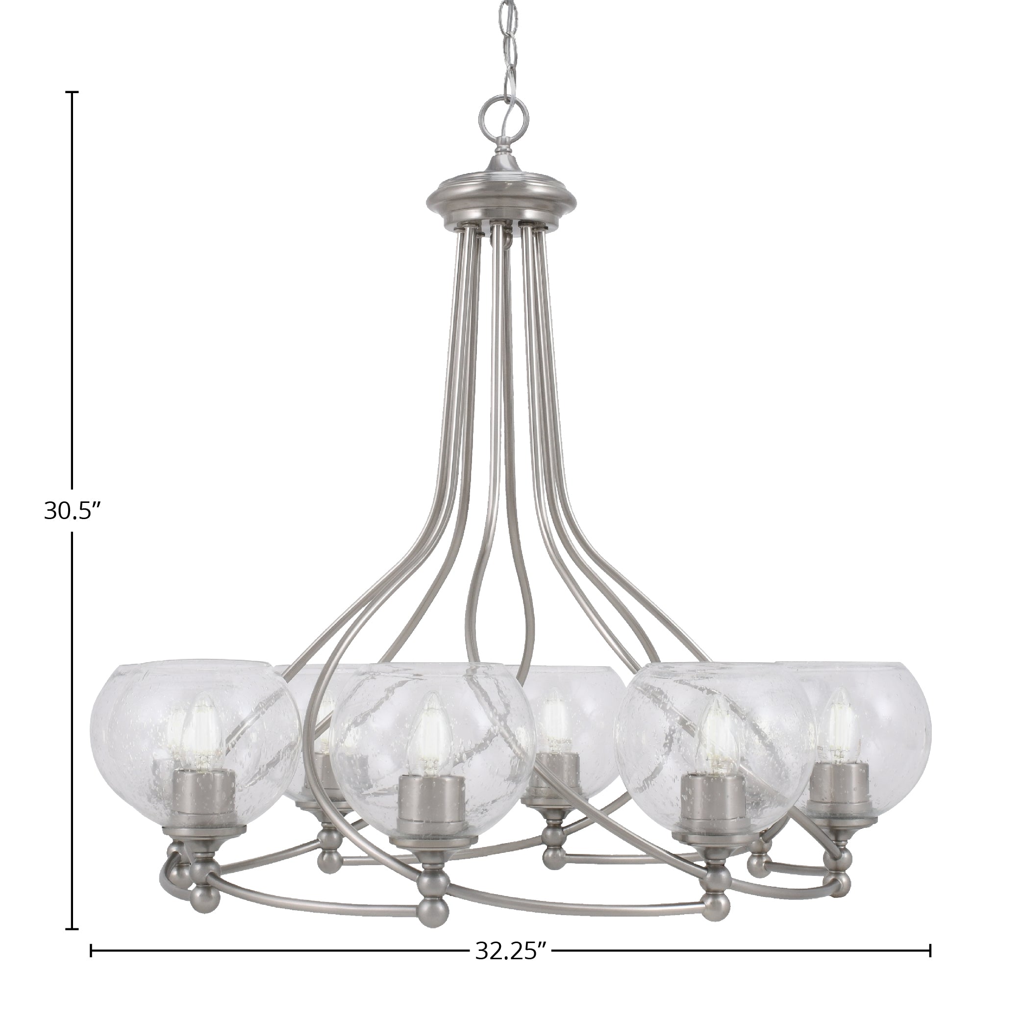 Capri Eight Light Chandelier in Brushed Nickel with 5.75" Clear Bubble Shade