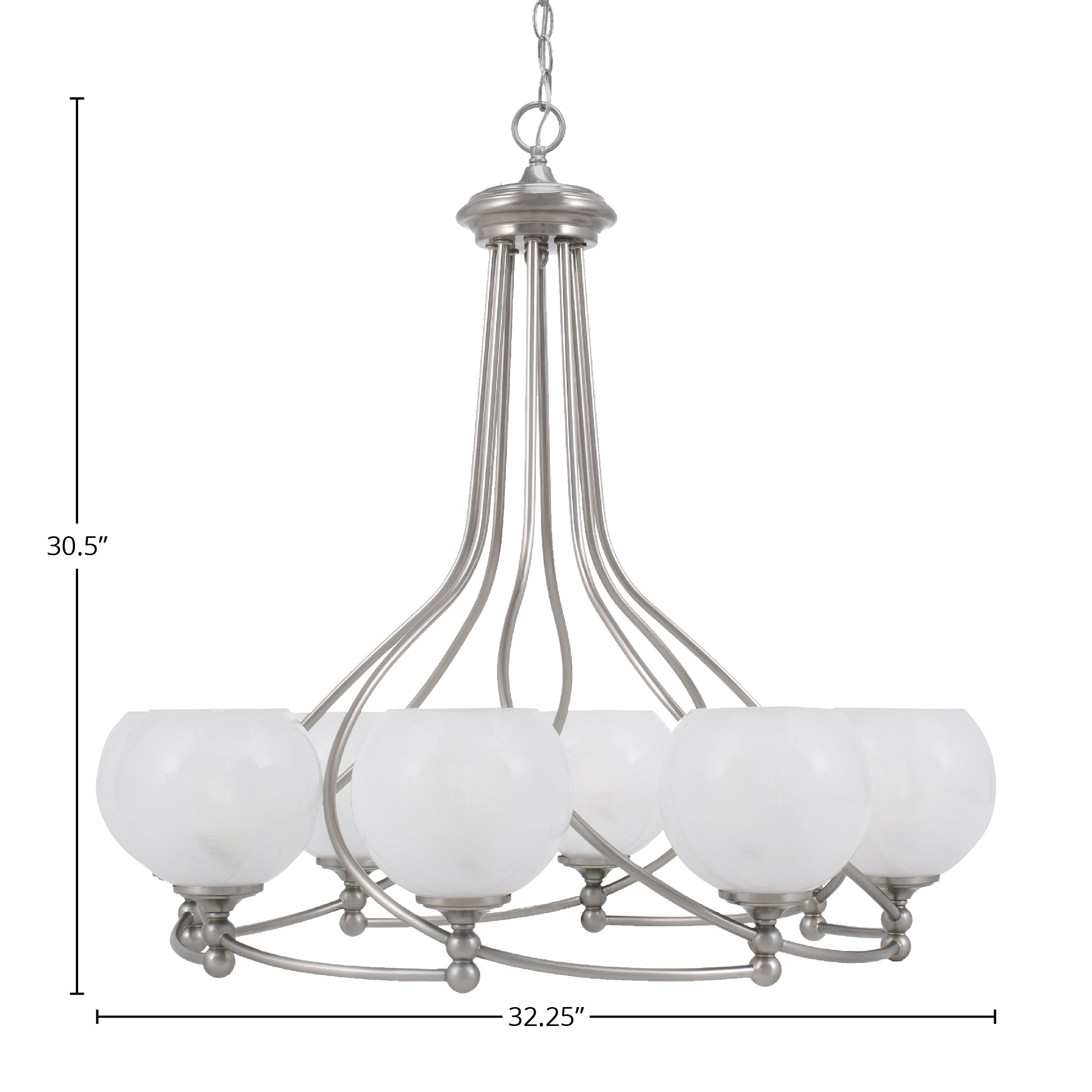 Capri Eight Light Chandelier in Brushed Nickel with 5.75" White Marble Shade