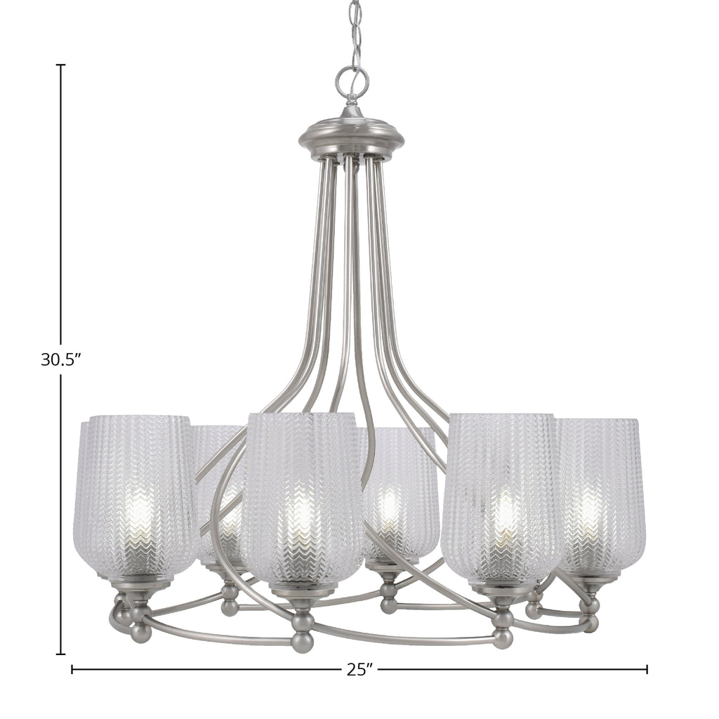 Capri Eight Light Chandelier in Brushed Nickel with 5" Clear Textured Shade