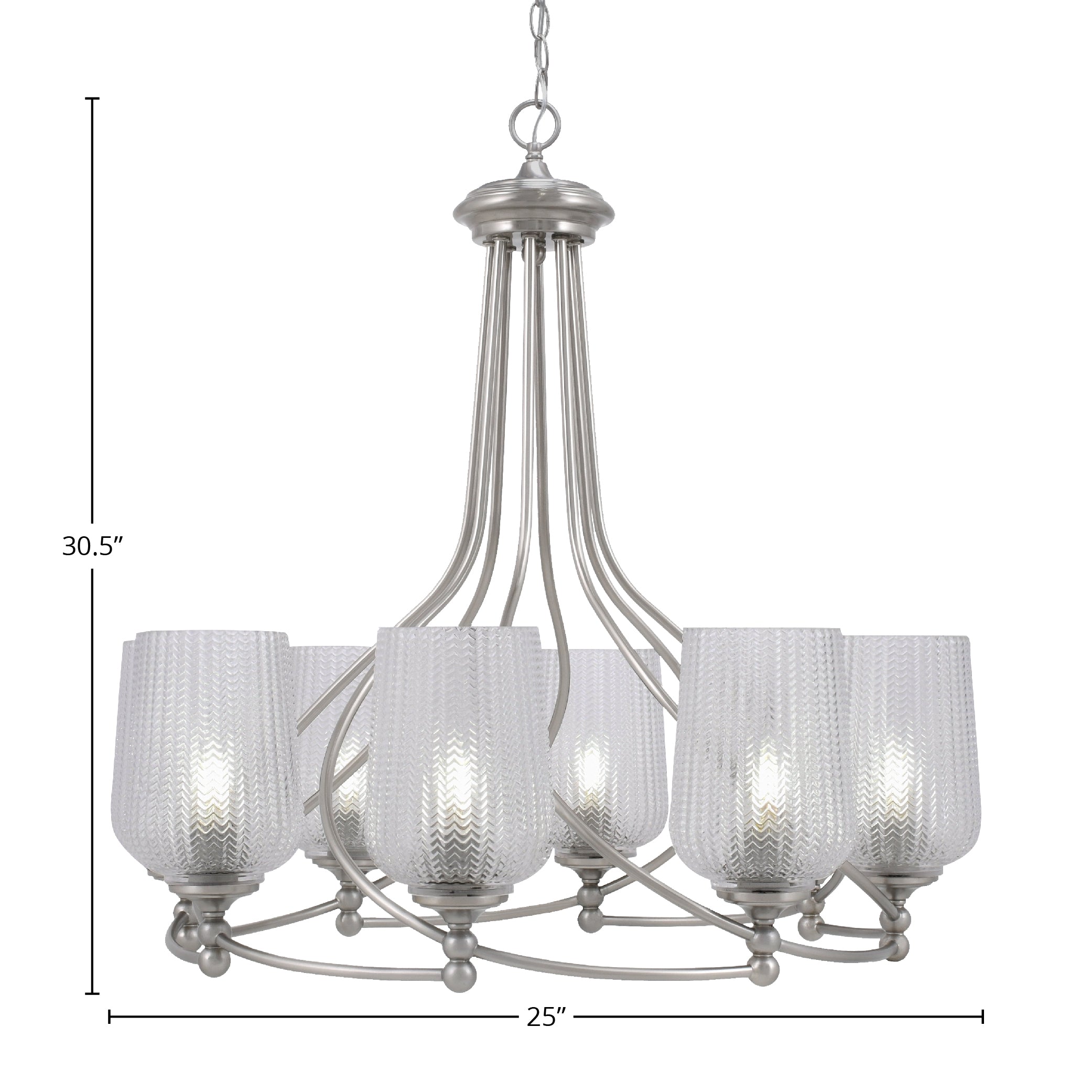 Capri Eight Light Chandelier in Brushed Nickel with 5" Clear Textured Shade