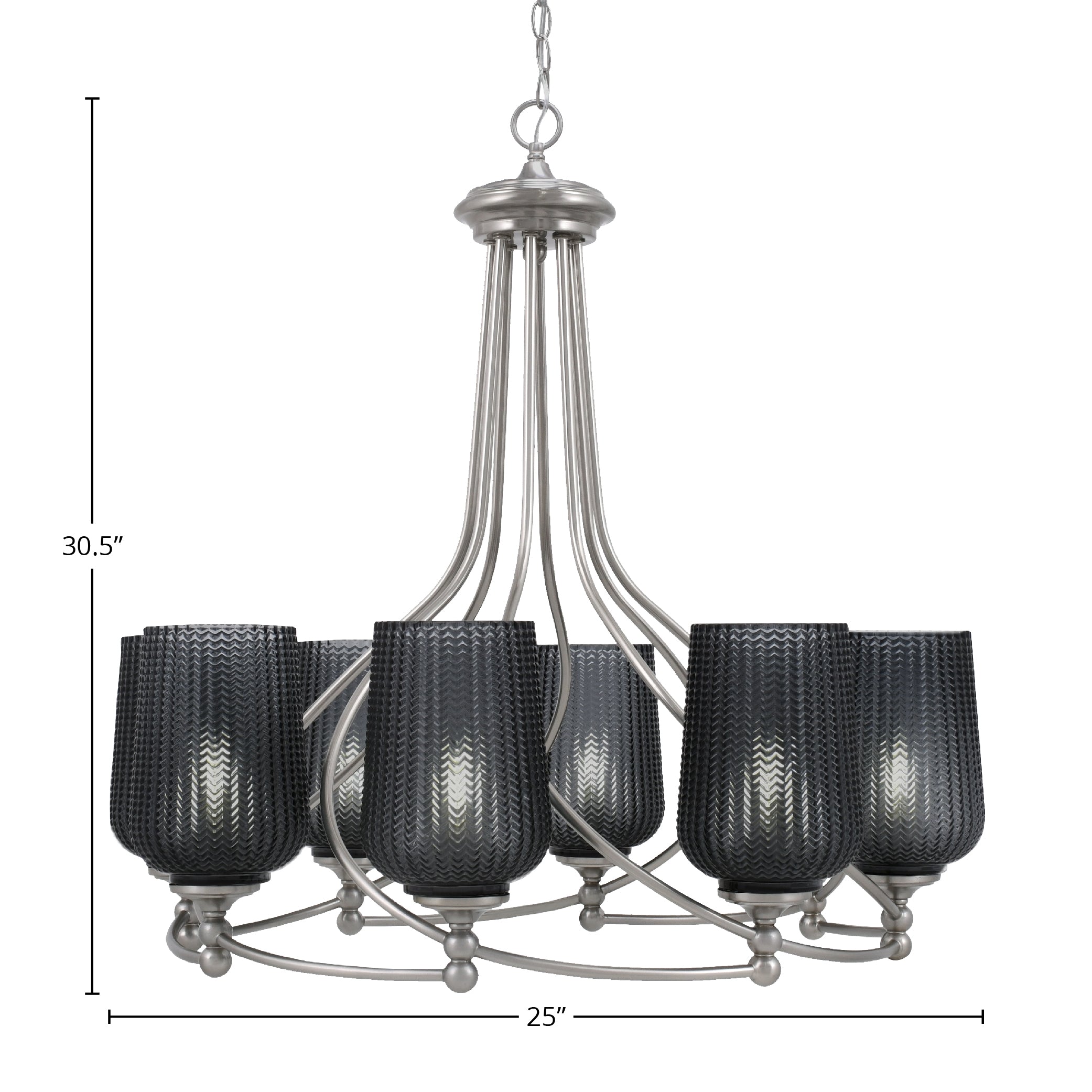 Capri Eight Light Chandelier in Brushed Nickel with 5" Smoke Textured Shade