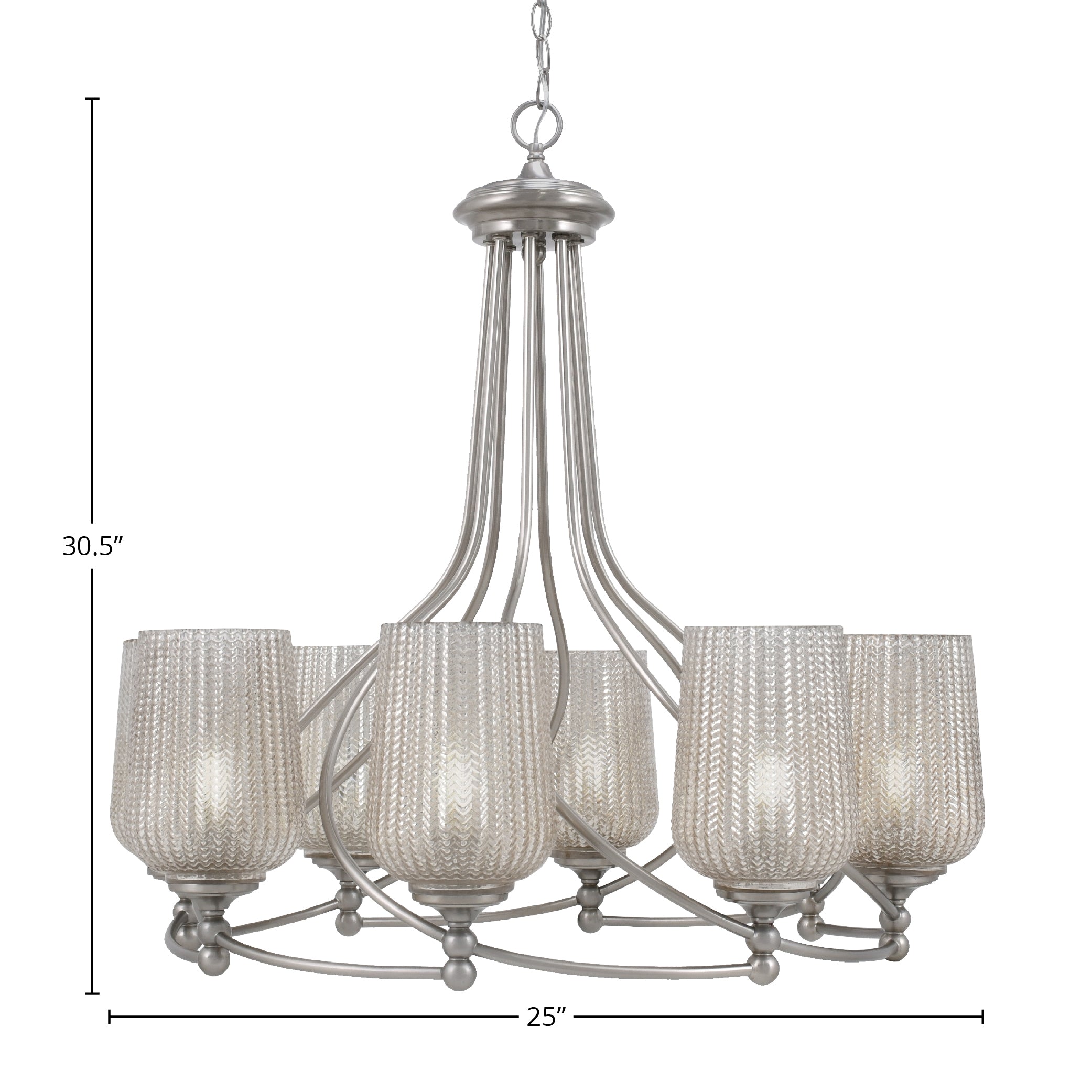 Capri Eight Light Chandelier in Brushed Nickel with 5" Silver Textured Shade