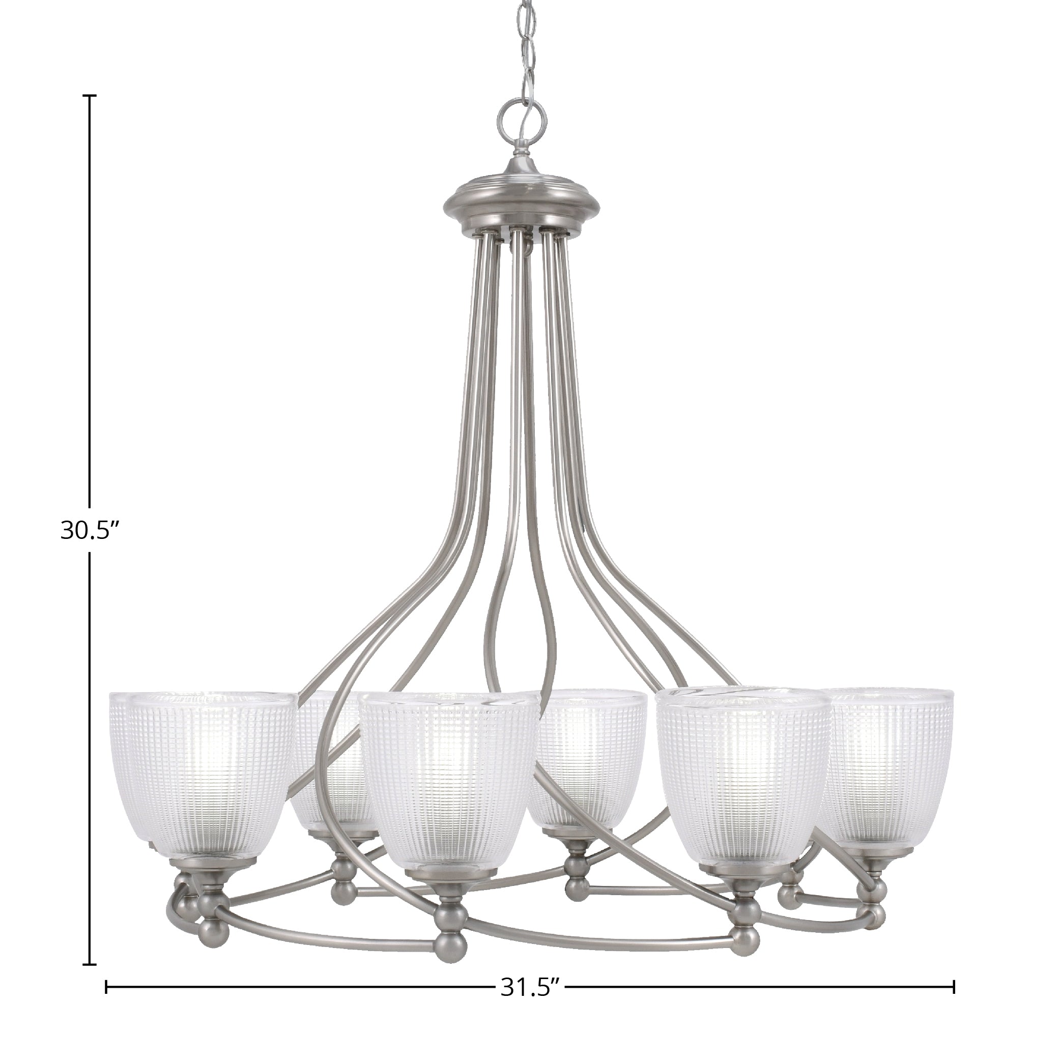Capri Eight Light Chandelier in Brushed Nickel with 5" Clear Ribbed Shade