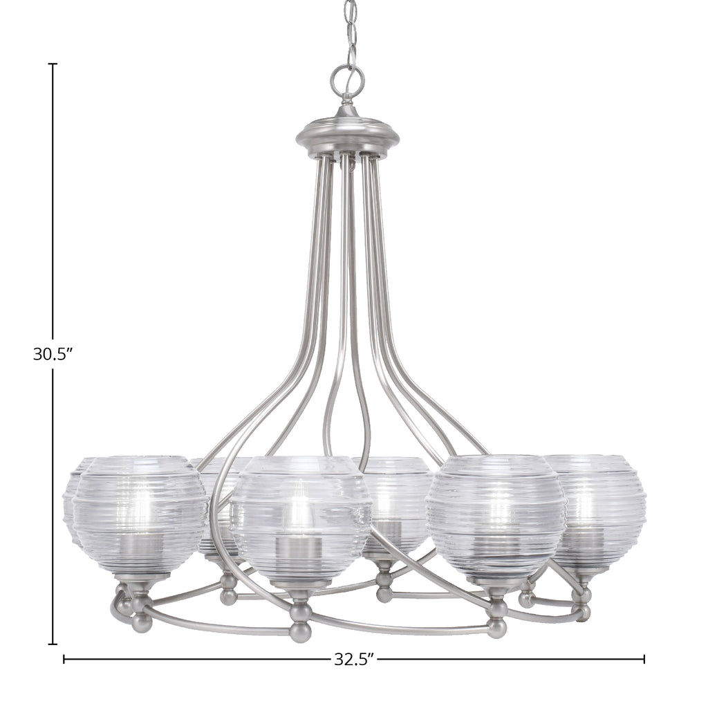Capri Eight Light Chandelier in Brushed Nickel with 6" Clear Ribbed Shade