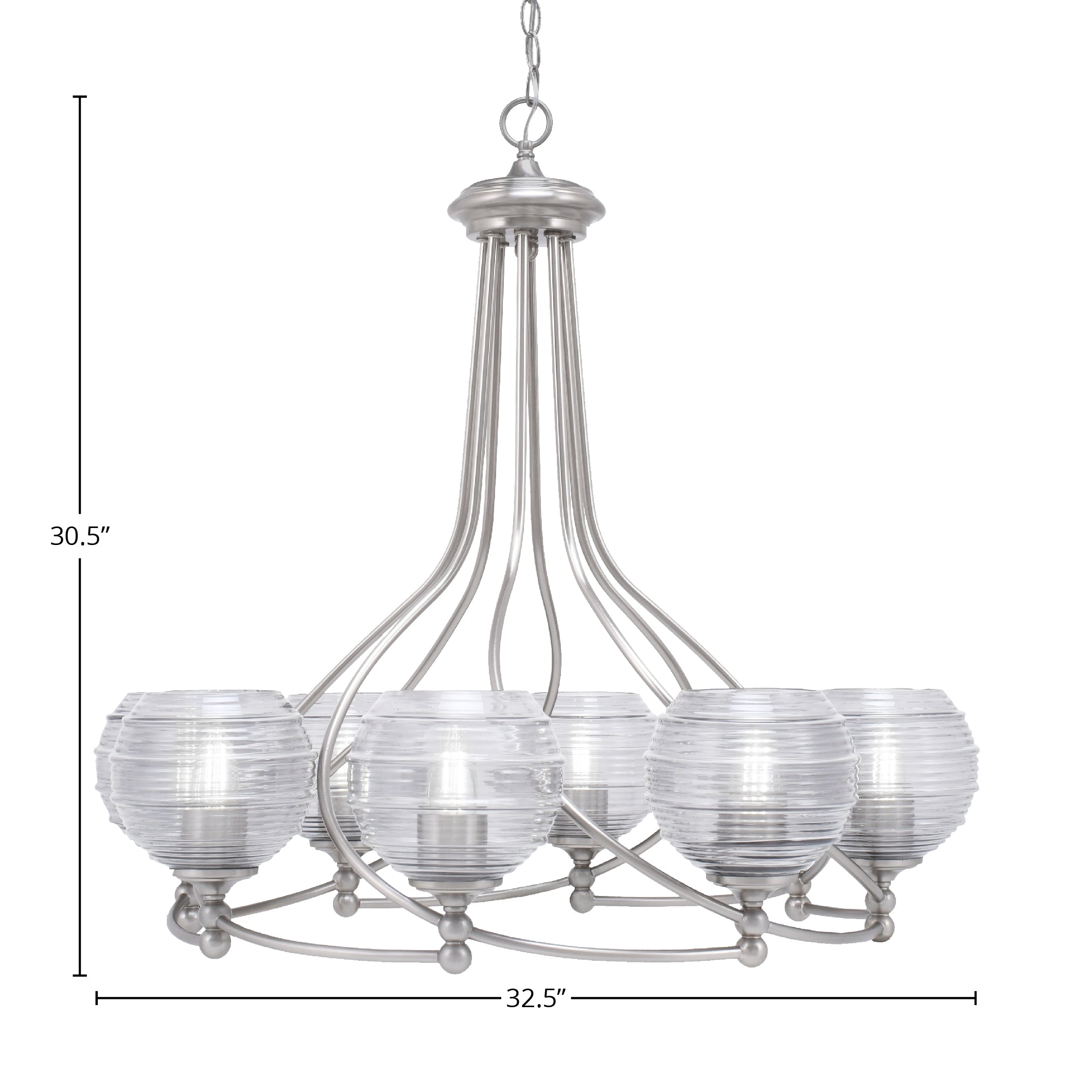 Capri Eight Light Chandelier in Brushed Nickel with 6" Clear Ribbed Shade