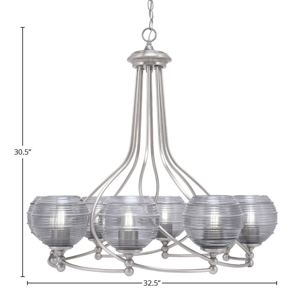 Capri Eight Light Chandelier in Brushed Nickel with 6" Smoke Ribbed Shade