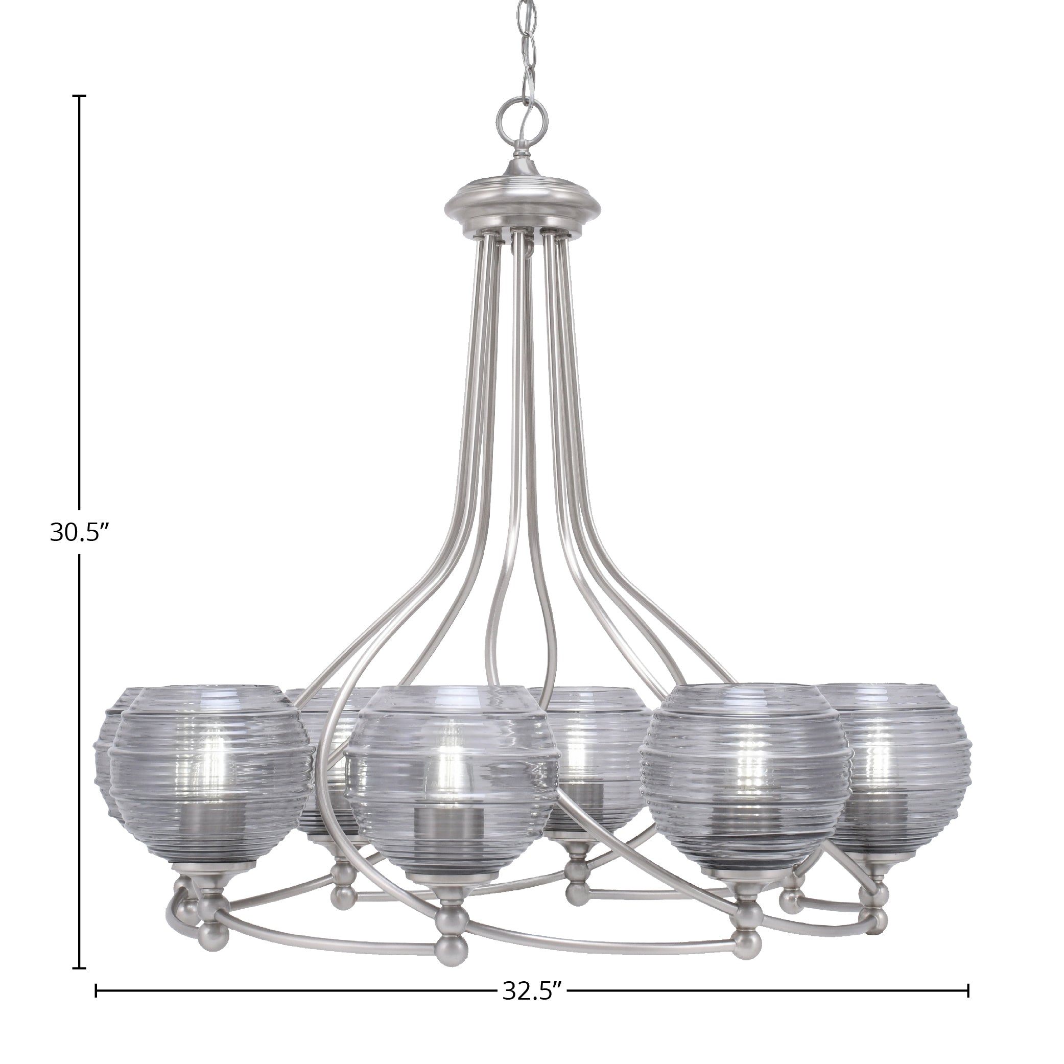 Capri Eight Light Chandelier in Brushed Nickel with 6" Smoke Ribbed Shade