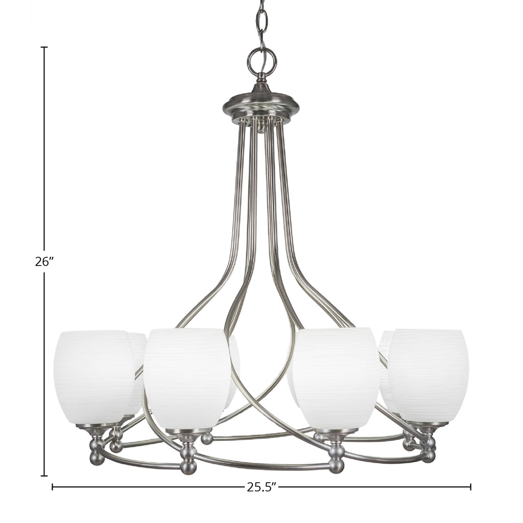 Capri Eight Light Chandelier in Brushed Nickel with 5" White Linen Shade