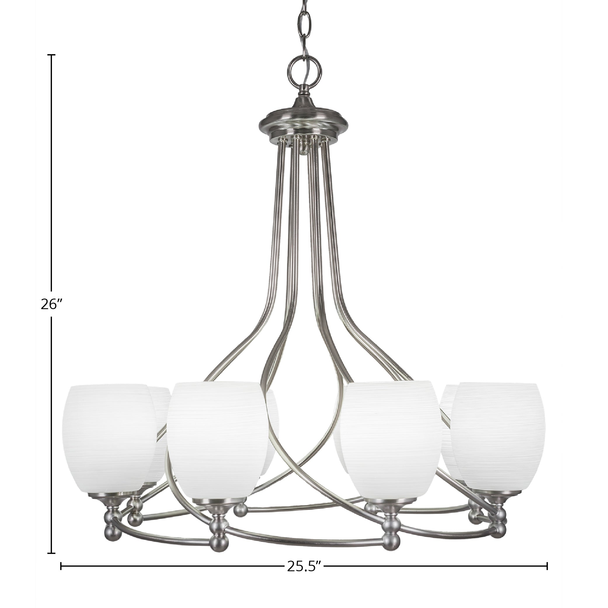 Capri Eight Light Chandelier in Brushed Nickel with 5" White Linen Shade