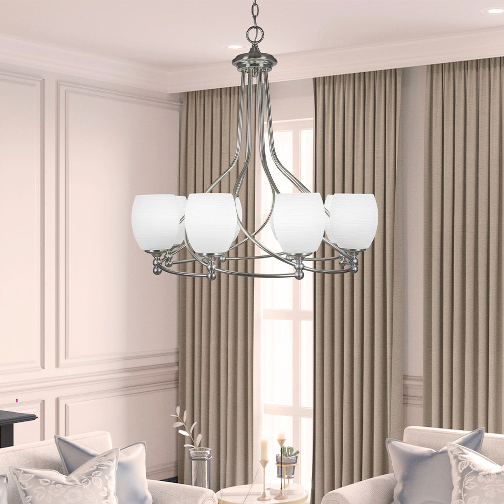 Capri Eight Light Chandelier in Brushed Nickel with 5" White Linen Shade