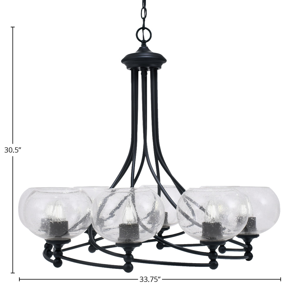 Capri Eight Light Chandelier in Matte Black with 7" Clear Bubble Shade