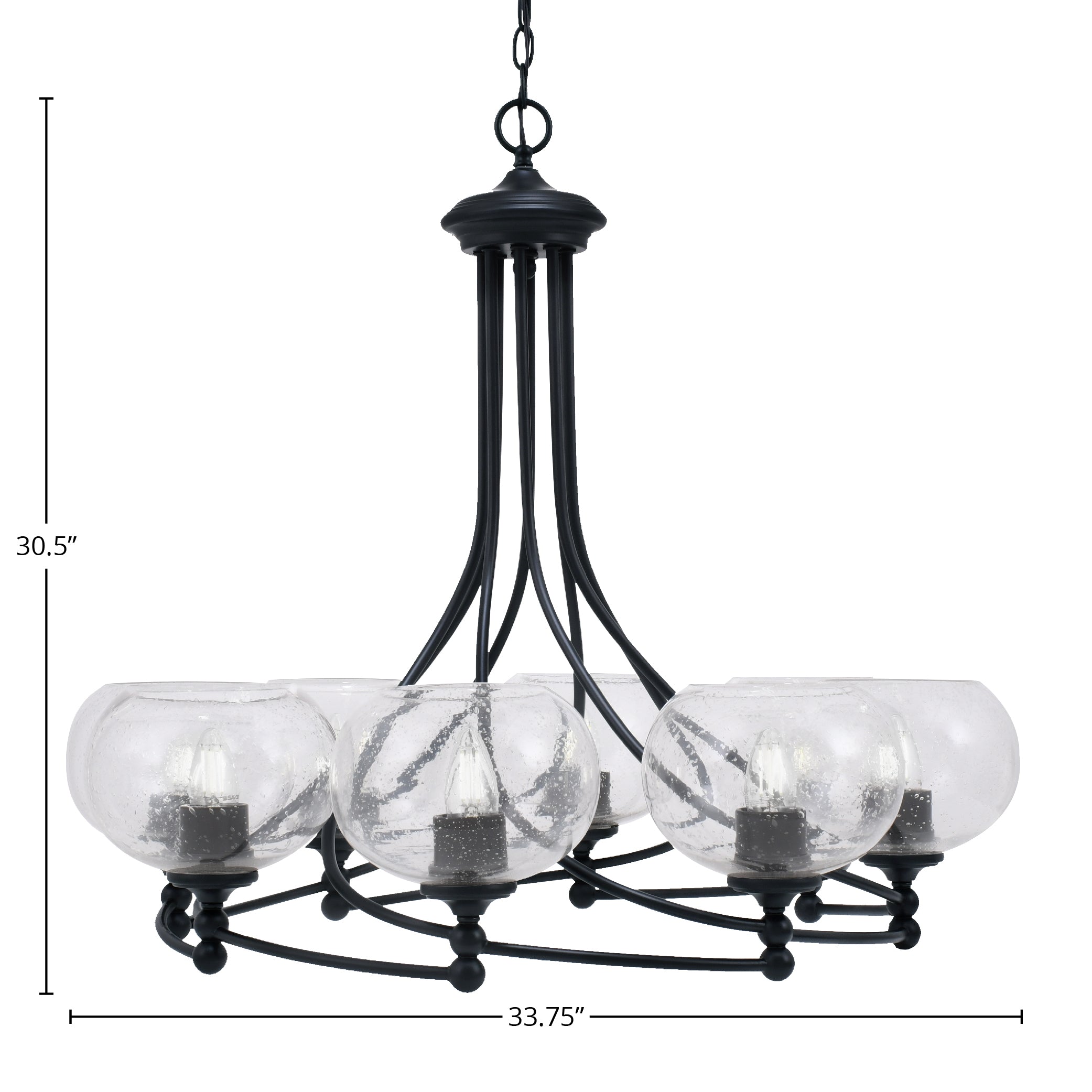 Capri Eight Light Chandelier in Matte Black with 7" Clear Bubble Shade