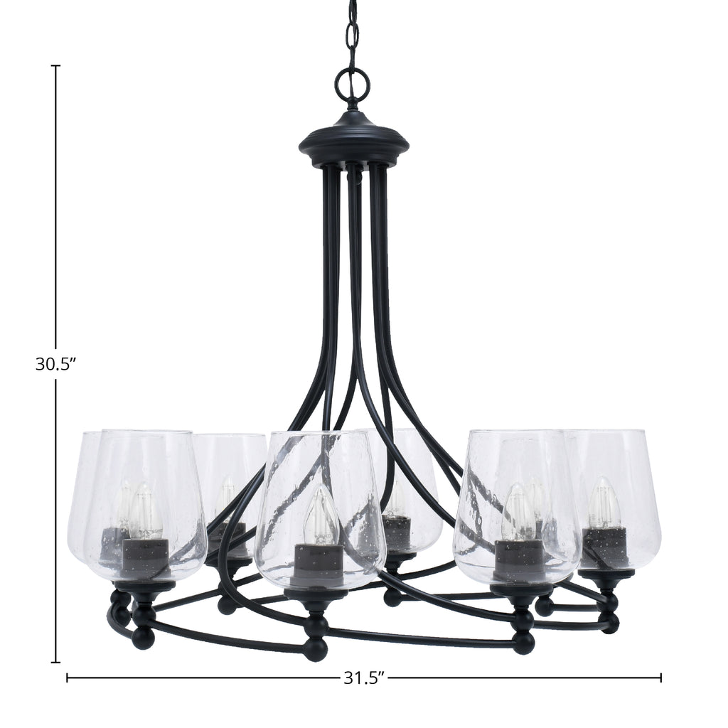 Capri Eight Light Chandelier in Matte Black with 5" Clear Bubble Shade