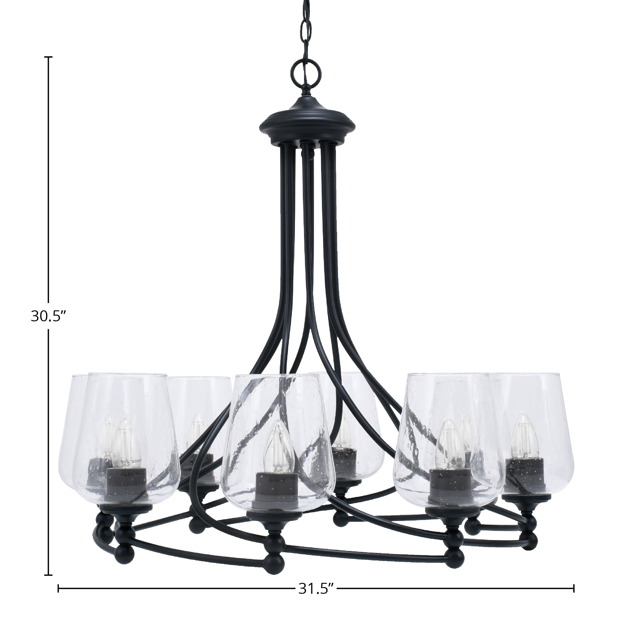 Capri Eight Light Chandelier in Matte Black with 5" Clear Bubble Shade
