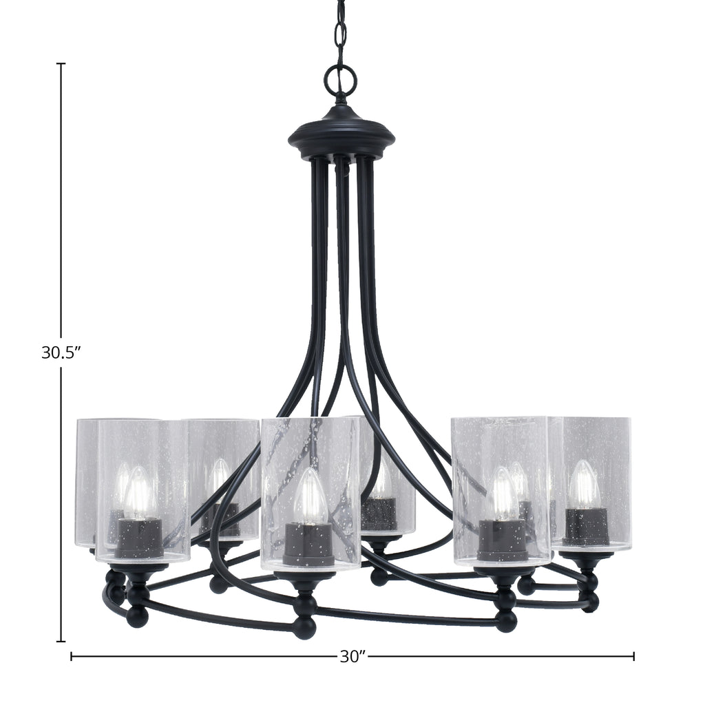 Capri Eight Light Chandelier in Matte Black with 4" Clear Bubble Shade