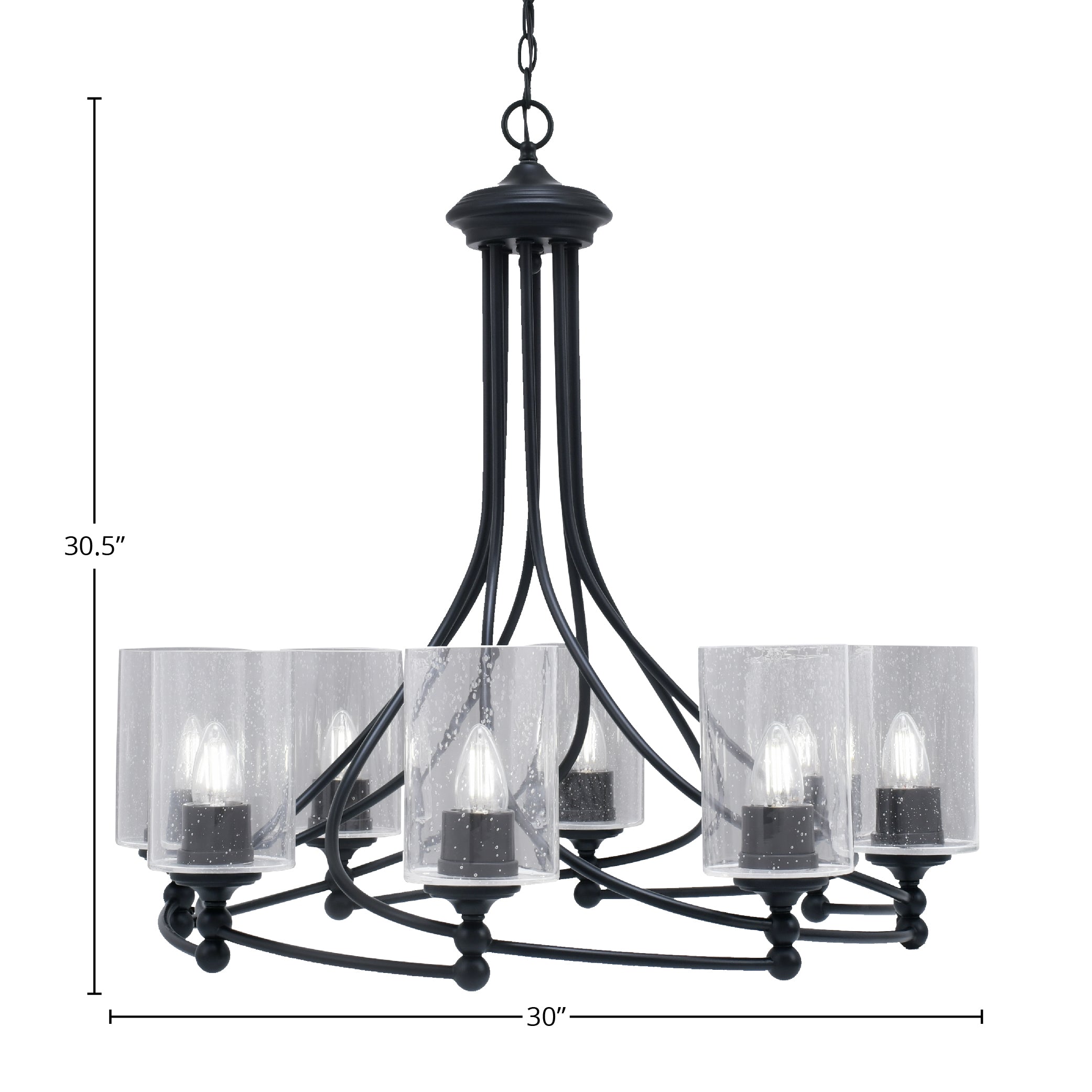 Capri Eight Light Chandelier in Matte Black with 4" Clear Bubble Shade