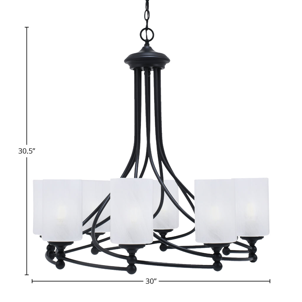 Capri Eight Light Chandelier in Matte Black with 4" White Marble Shade