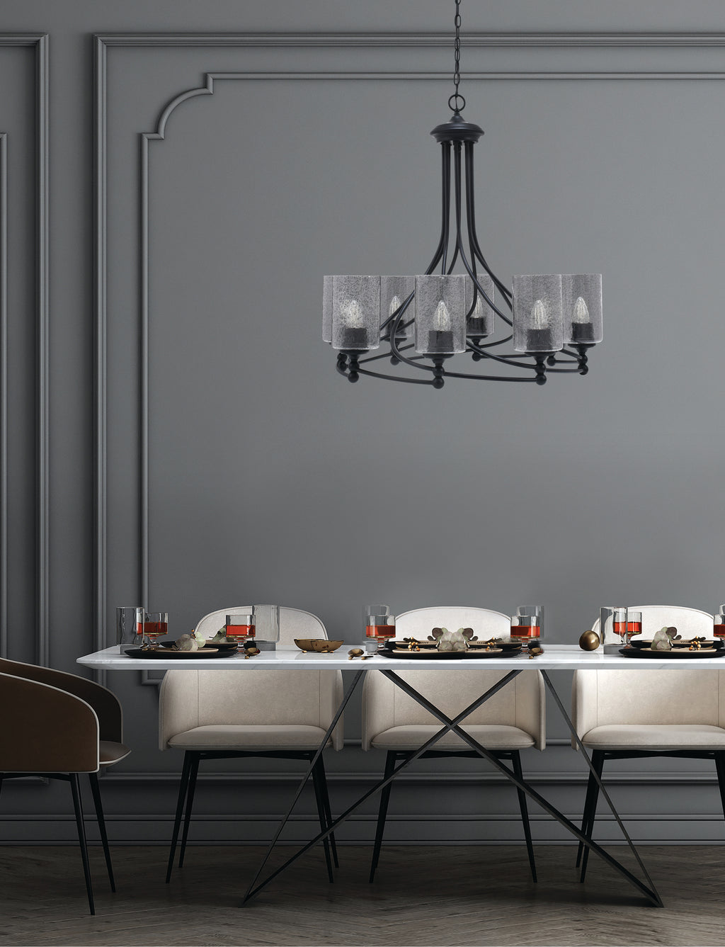 Capri Eight Light Chandelier in Matte Black with 4" Smoke Bubble Shade