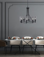Capri Eight Light Chandelier in Matte Black with 4" Smoke Bubble Shade