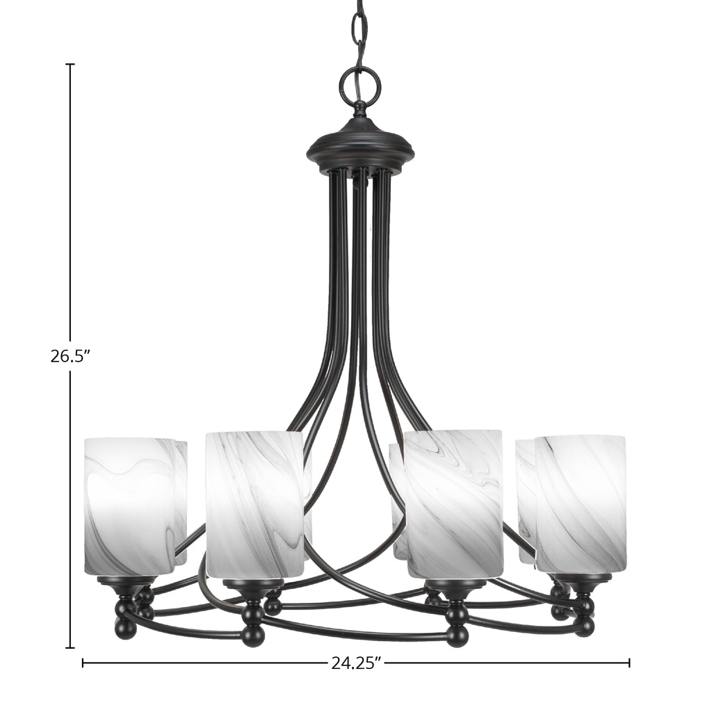 Capri Eight Light Chandelier in Matte Black with 4" Onyx Swirl Shade