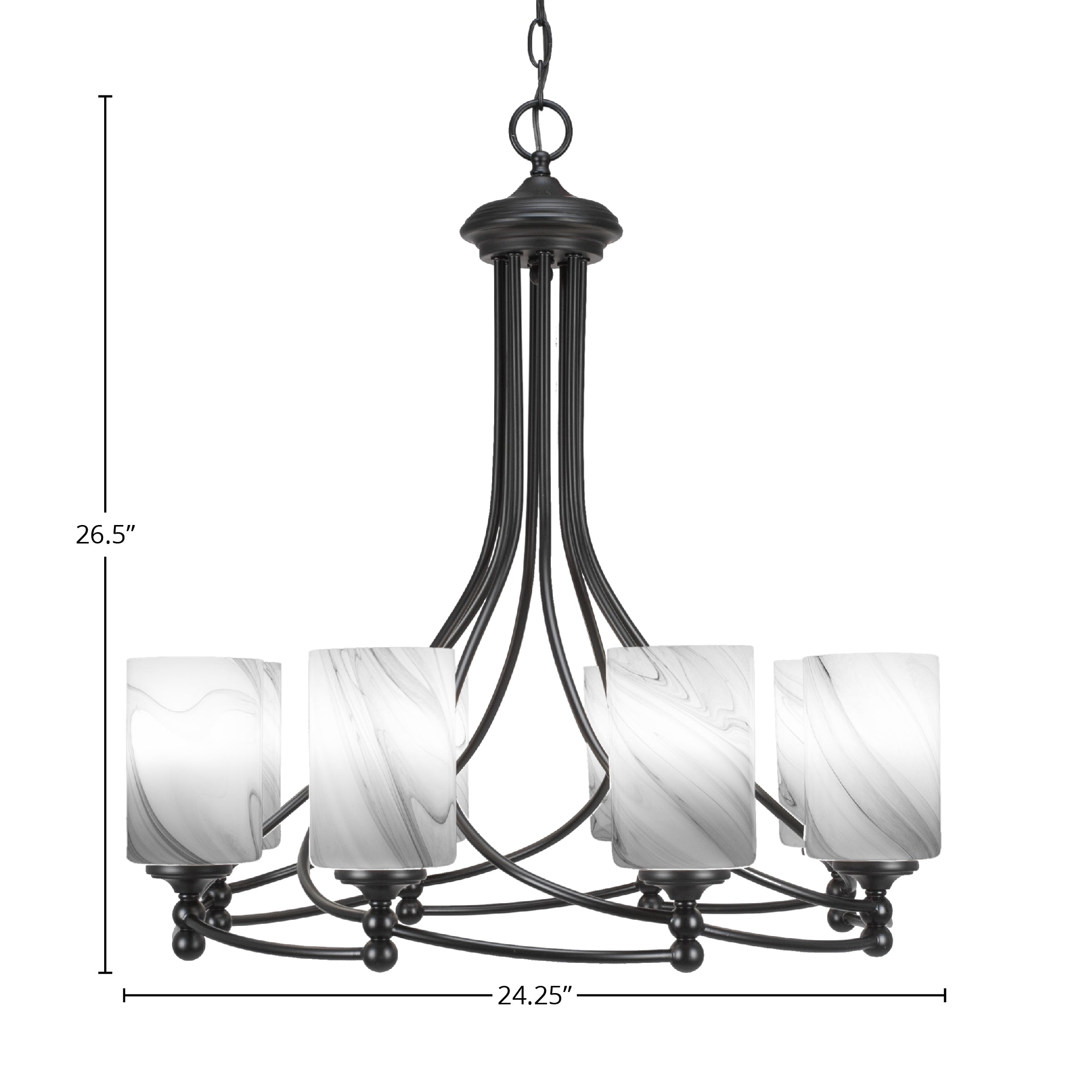 Capri Eight Light Chandelier in Matte Black with 4" Onyx Swirl Shade