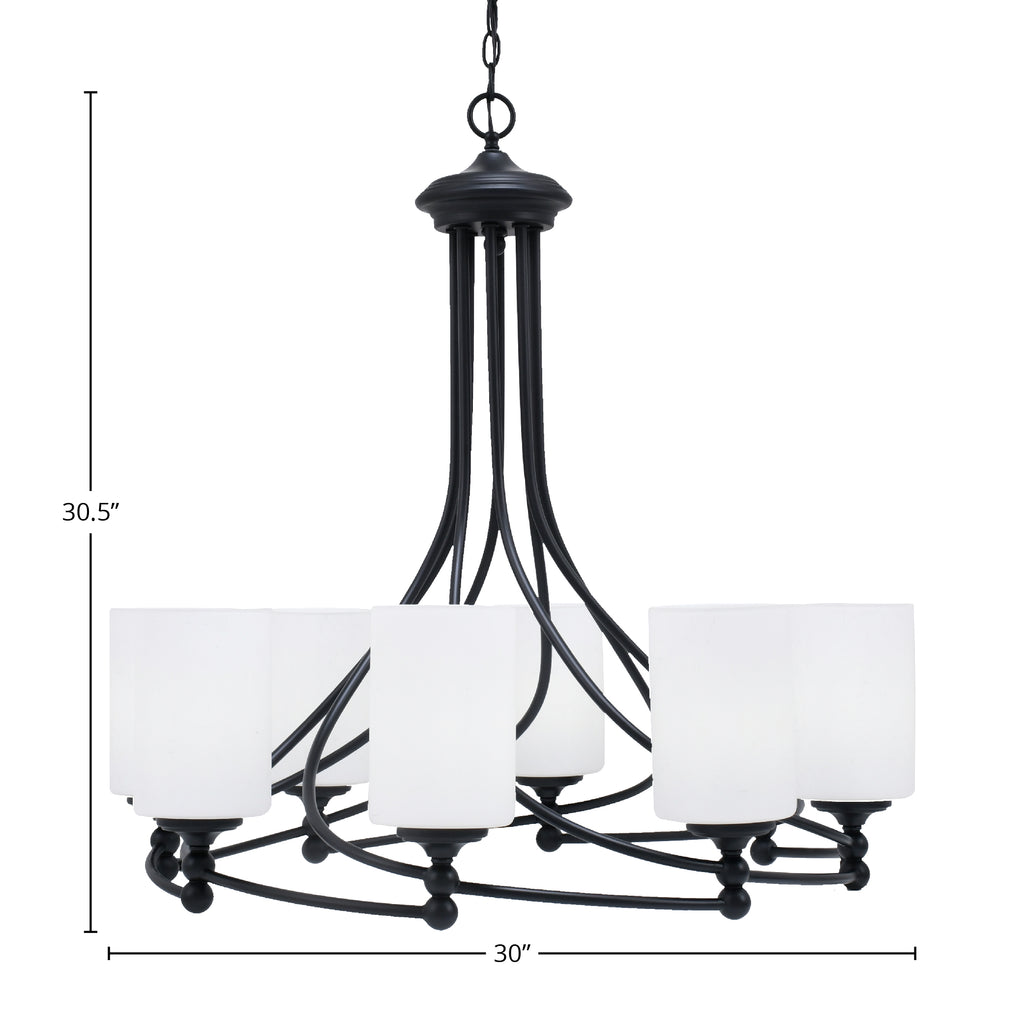Capri Eight Light Chandelier in Matte Black with 4" White Muslin Shade