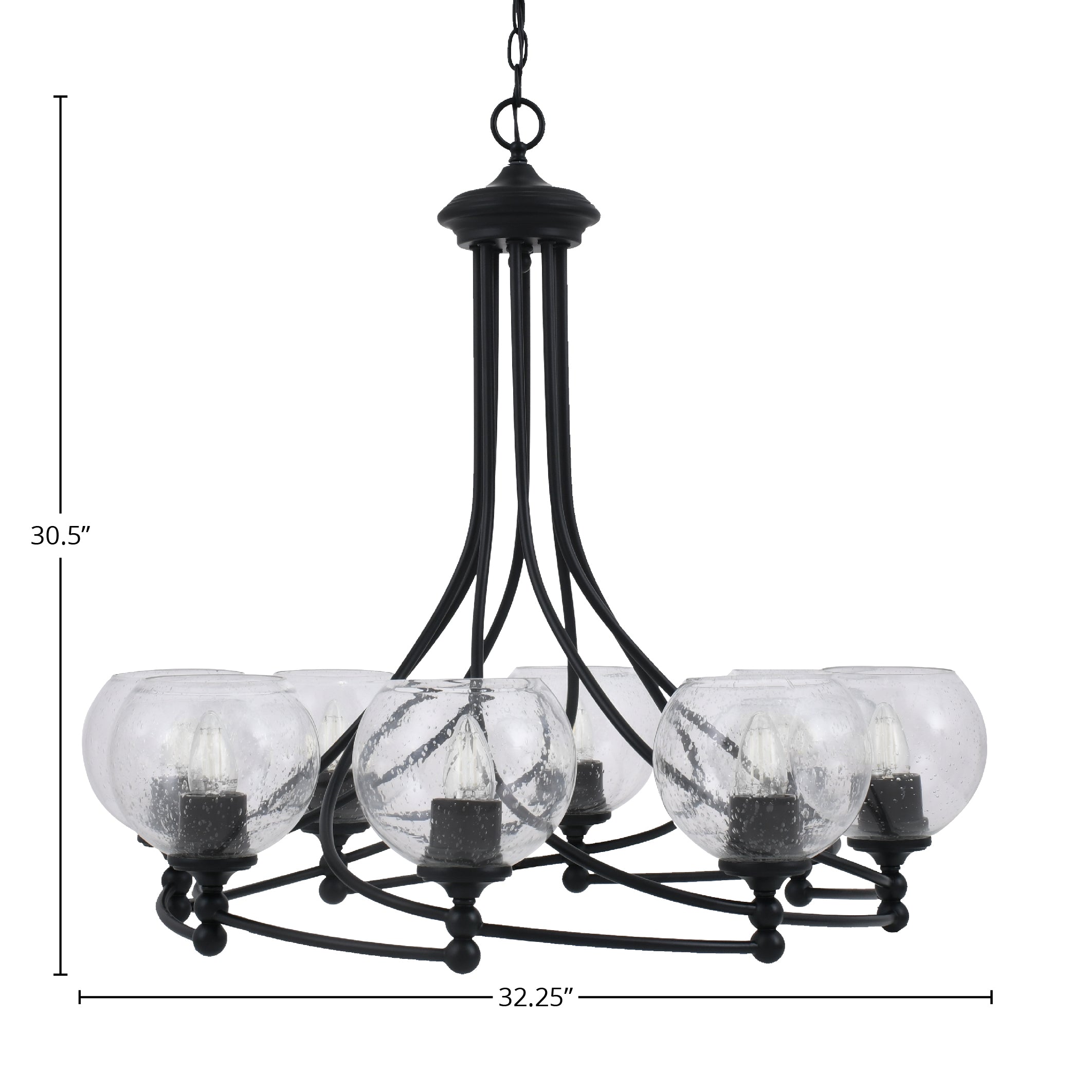 Capri Eight Light Chandelier in Matte Black with 5.75" Clear Bubble Shade
