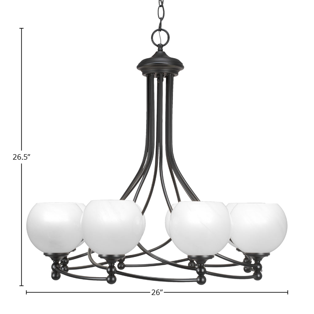 Capri Eight Light Chandelier in Matte Black with 5.75" White Marble Shade