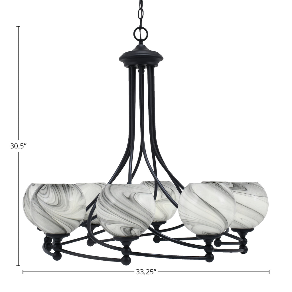 Capri Eight Light Chandelier in Matte Black with 5.75" Onyx Swirl Shade