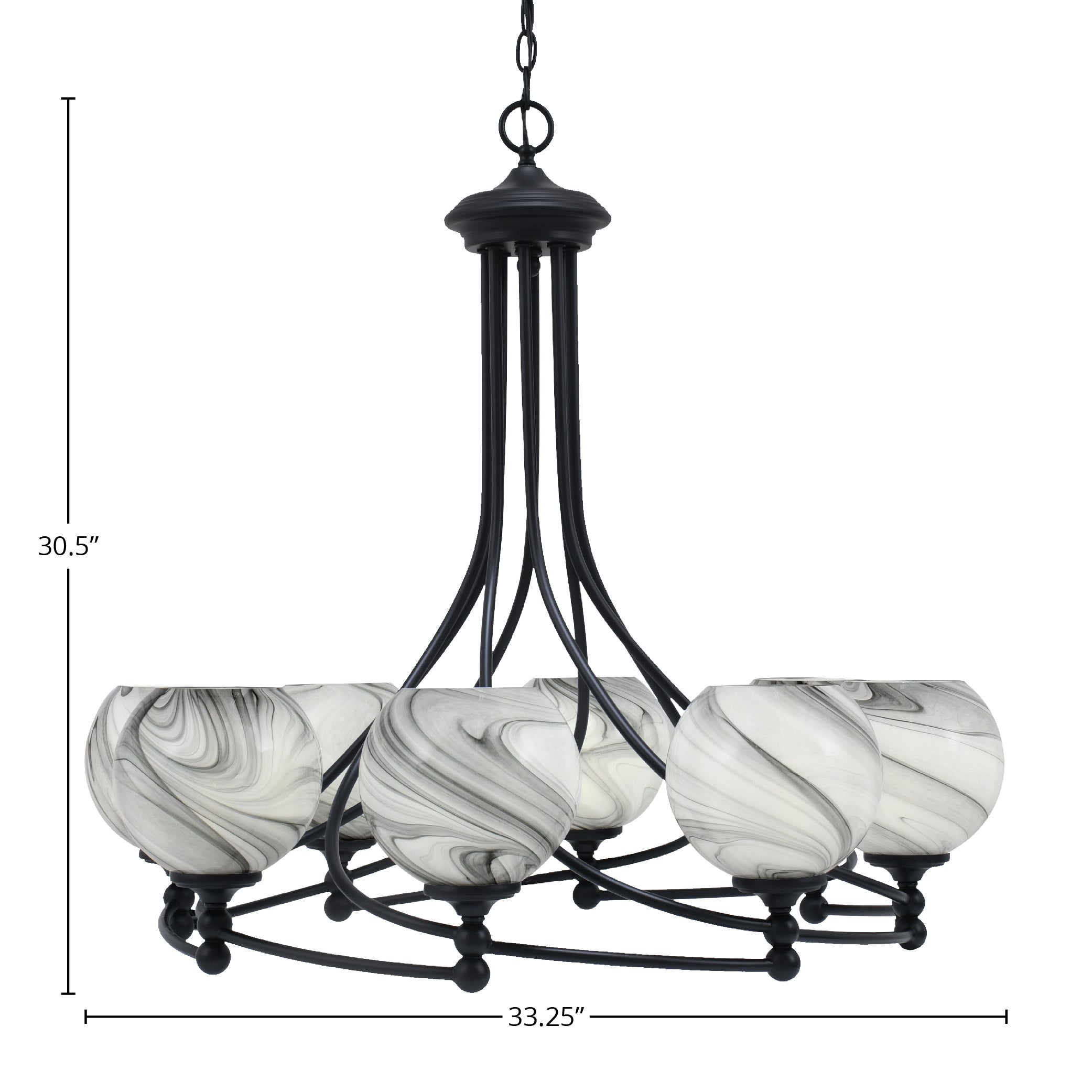 Capri Eight Light Chandelier in Matte Black with 5.75" Onyx Swirl Shade