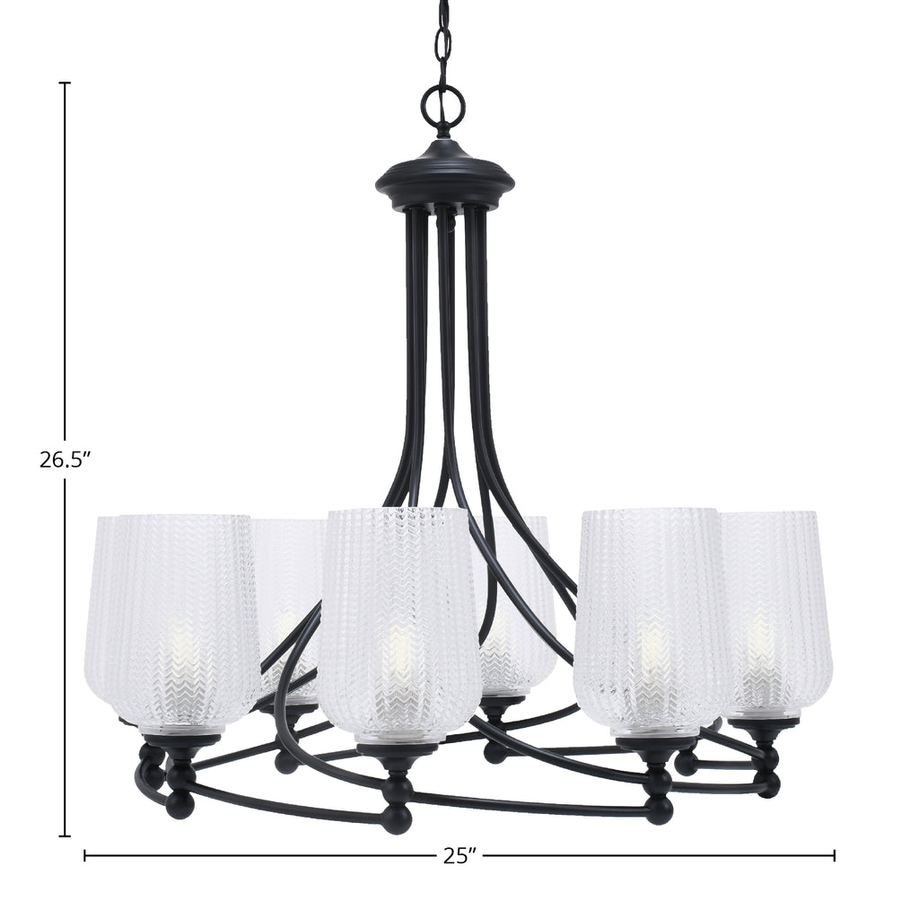 Capri Eight Light Chandelier in Matte Black with 5" Clear Textured Shade
