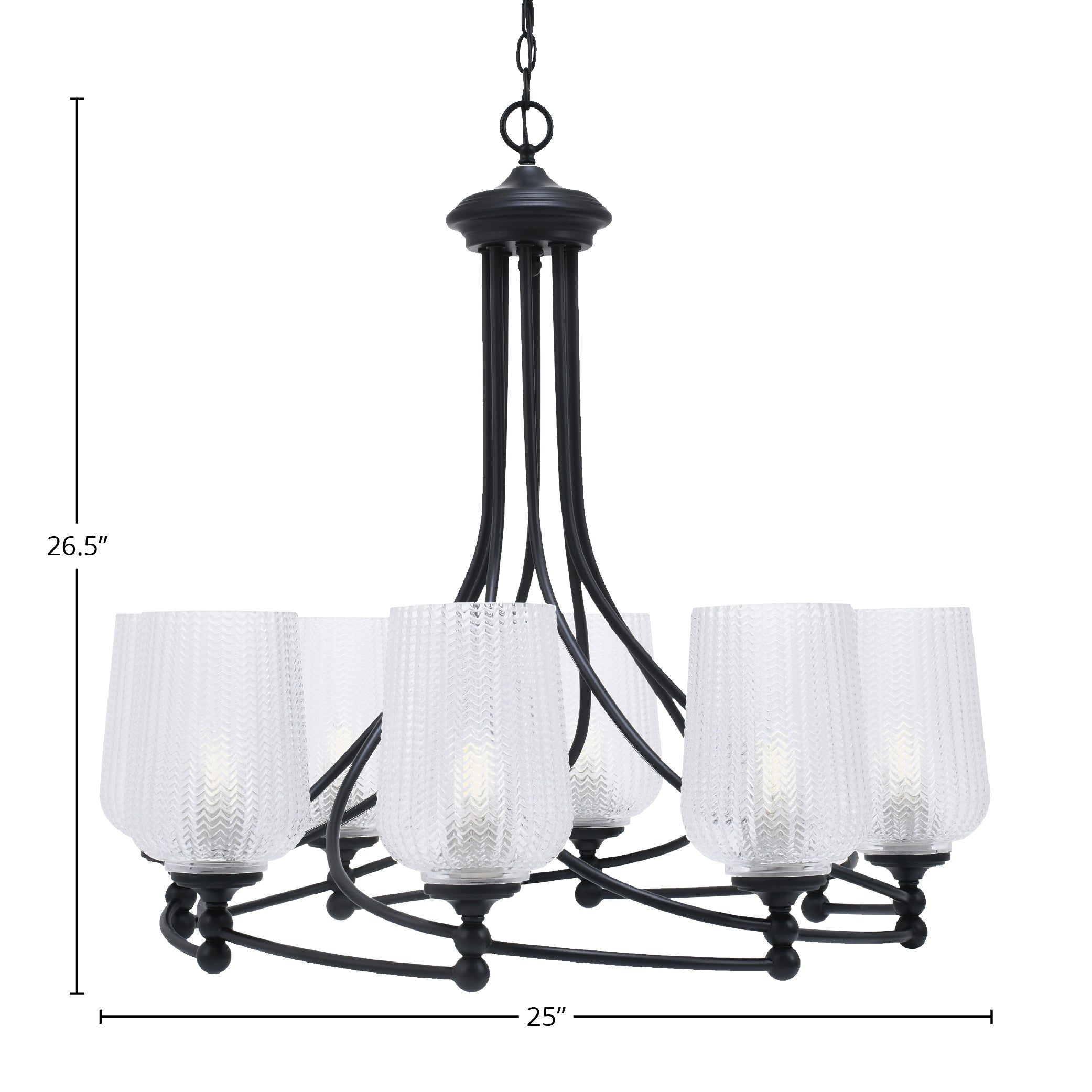 Capri Eight Light Chandelier in Matte Black with 5" Clear Textured Shade