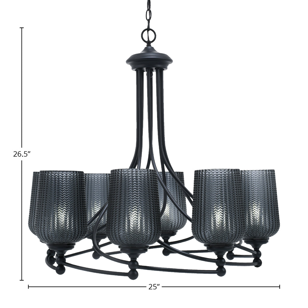 Capri Eight Light Chandelier in Matte Black with 5" Smoke Textured Shade