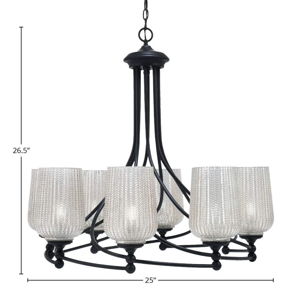 Capri Eight Light Chandelier in Matte Black with 5" Silver Textured Shade