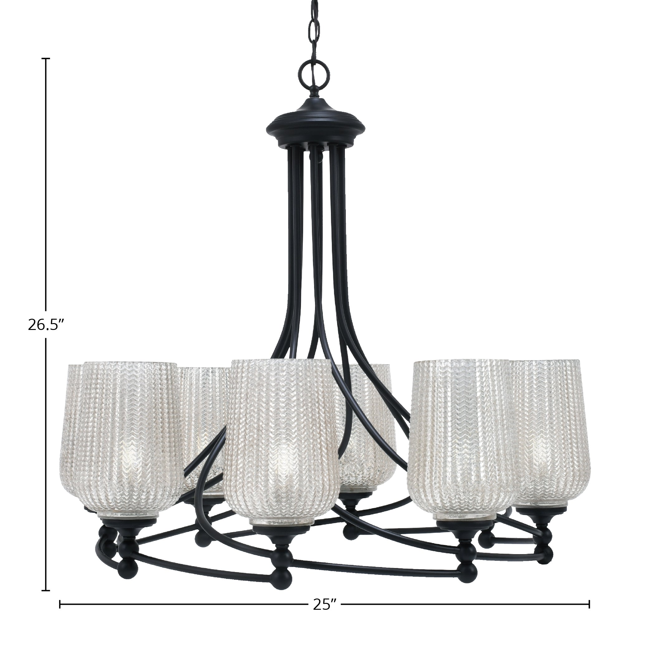 Capri Eight Light Chandelier in Matte Black with 5" Silver Textured Shade