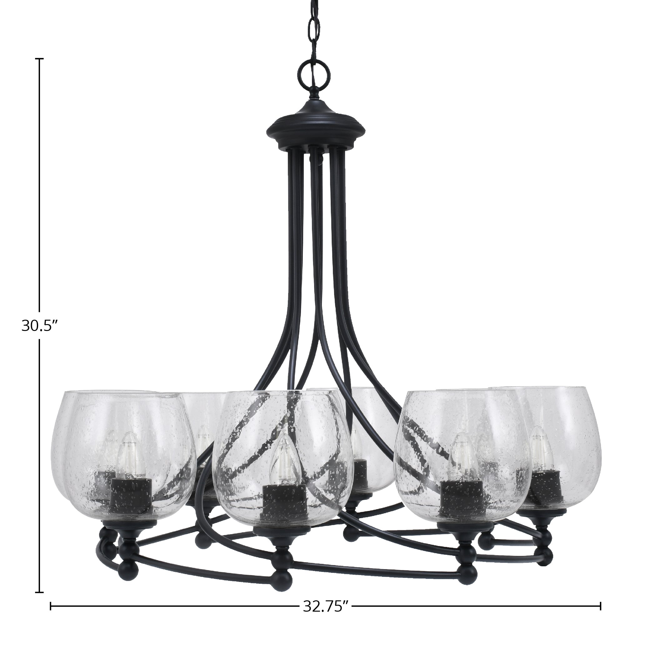 Capri Eight Light Chandelier in Matte Black with 6" Clear Bubble Shade